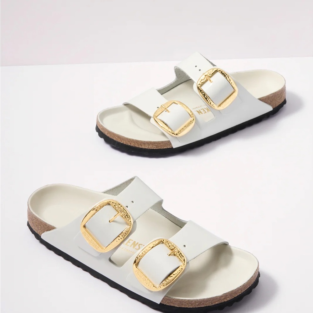 Birkenstock White Sandals with Gold Buckles